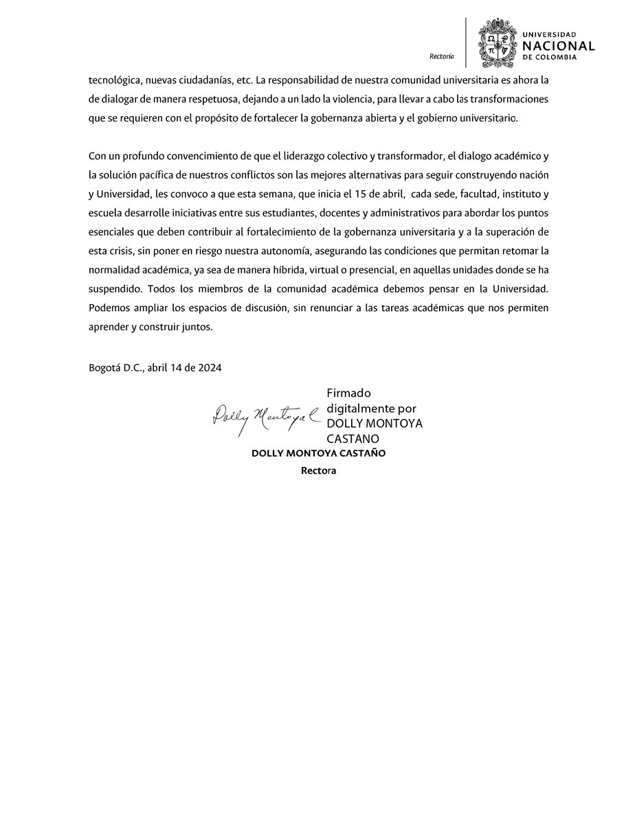 La rectora @DollyMontoyaUN, extiende una invitación cordial y respetuosa a toda la #ComunidadUNAL para pensar de forma viva, activa, solidaria y democrática nuestra Universidad, sin renunciar a nuestro compromiso con la nación 👇 #SomosPaís #SomosUNAL