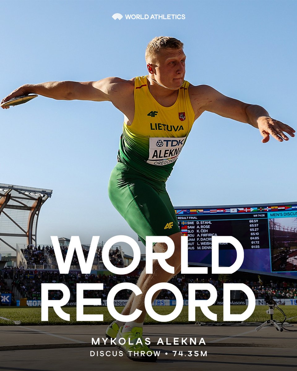 WORLD RECORD 👀 🇱🇹’s Mykolas Alekna breaks the oldest men’s world record* as he produces a monster discus throw of 74.35m in Ramona. Jürgen Schult’s record stood for almost 38 years 🤯 *subject to the usual ratification procedures