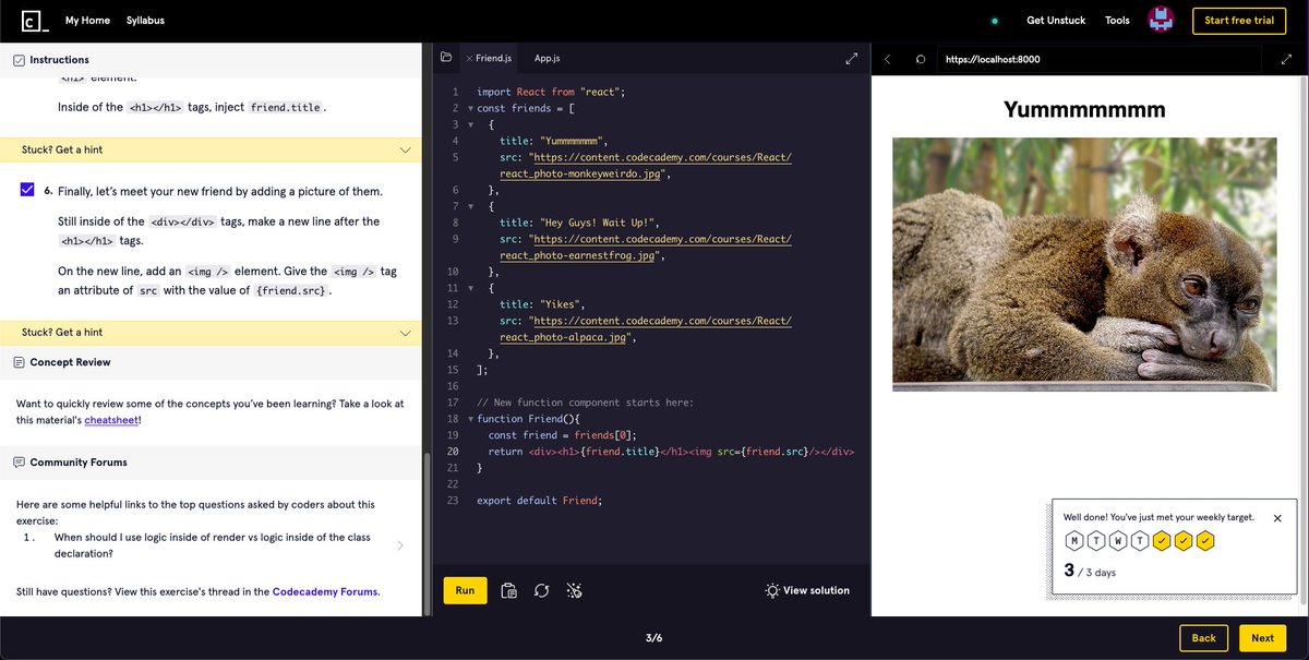 Portfedh's tweet image. For anyone learning React, check out #codeacademy's free course. It's very good and very clear. I can't recommend it enough.