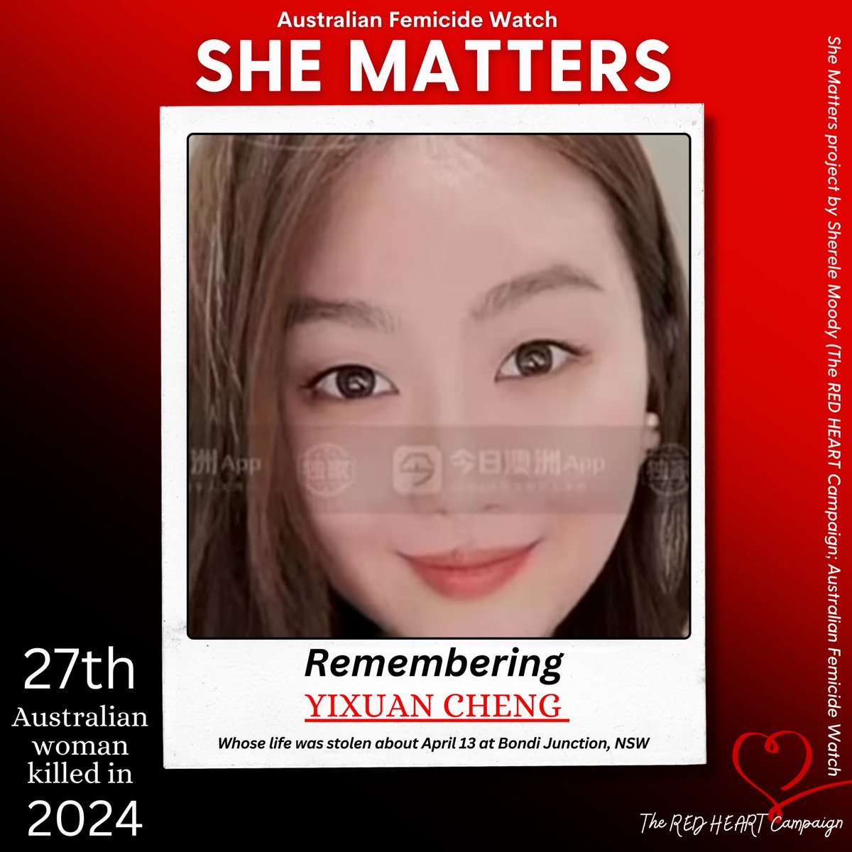 ❤️SHE MATTERS: YIXUAN CHENG!❤️ Yixuan Cheng had just finished talking to her partner when the Bondi Junction attacker decided to end her life on Saturday. Yixuan is the 27th of 28 women killed this year. She was a university student, studying here from China. Now her parents