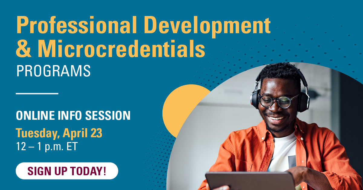 Ready to boost your career? 🌟 Explore our diverse Professional Development and Microcredentials Programs, featuring topics like Project Management, Health Analytics, and more! 💼 Don't miss out - sign up now! bit.ly/3vVo0gL #ContinuingEducation #OnlineLearning