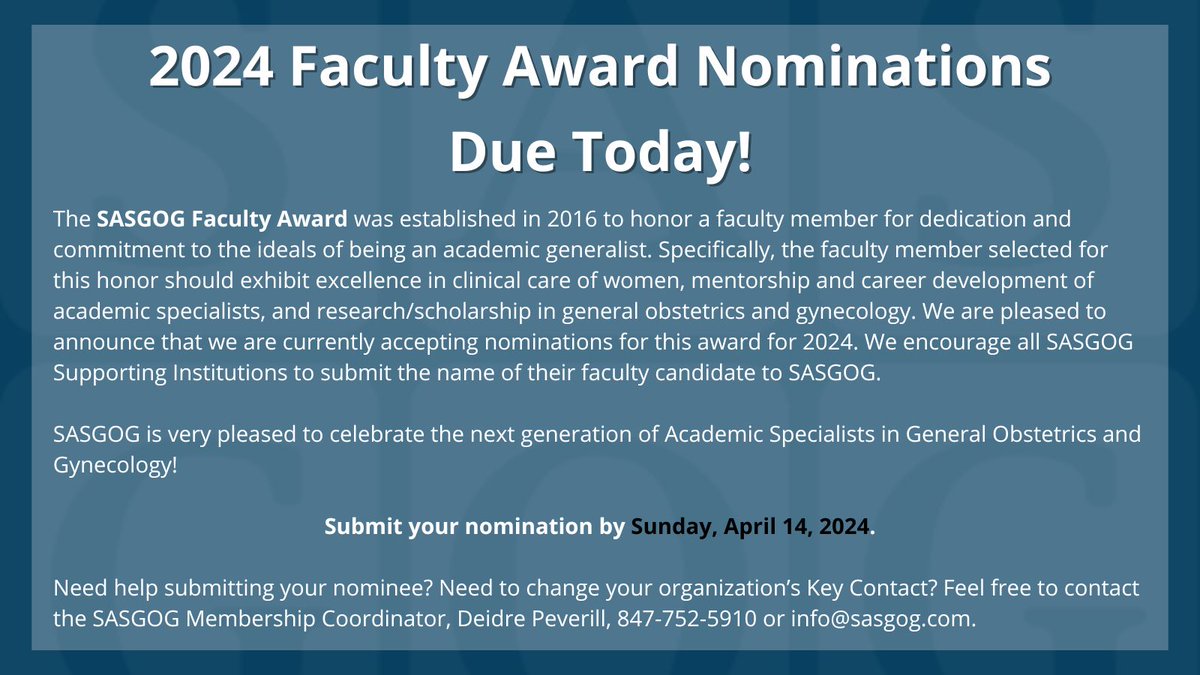 Nominations for the 2024 Faculty Award are DUE TODAY! Help us celebrate the next generation of Academic Specialists in General Obstetrics and Gynecology. Submit here: buff.ly/48YXqRo before it's too late.