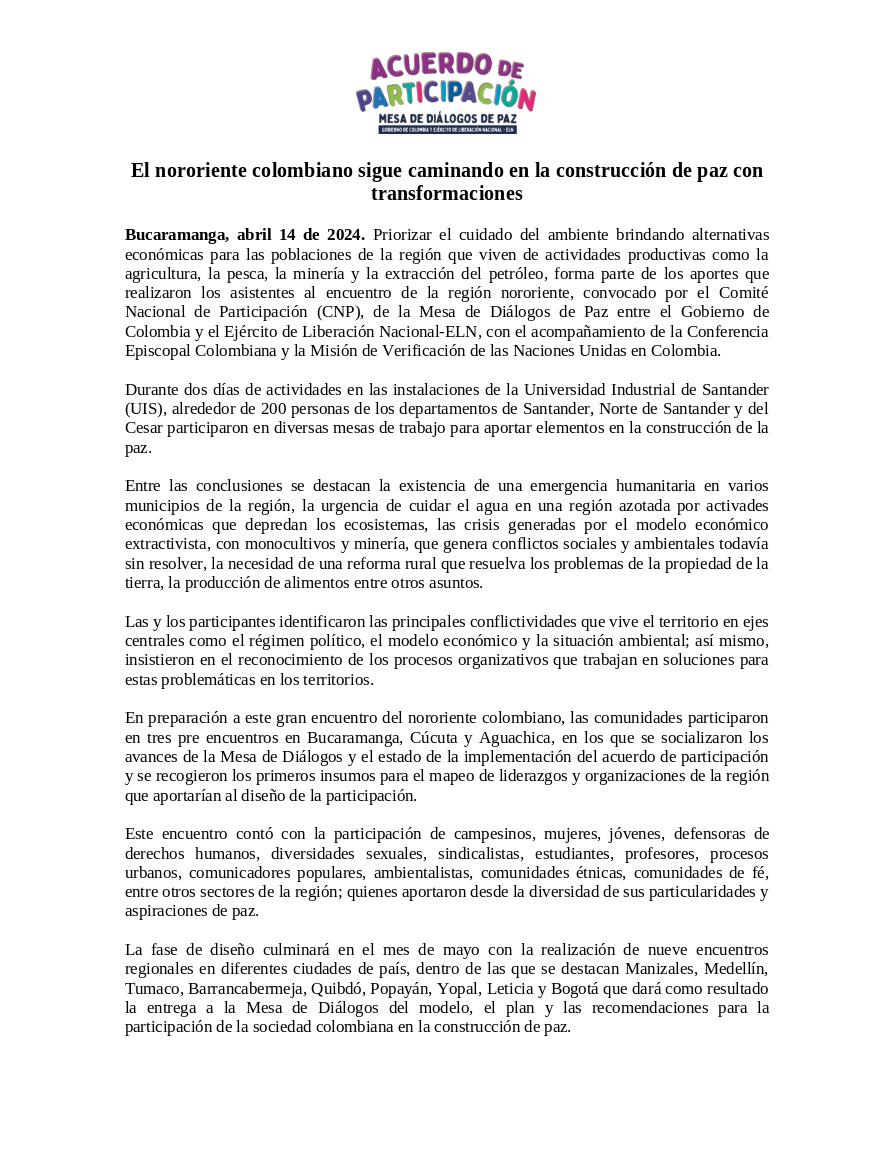 El Nororiente colombiano sigue caminando en la construcción de paz con transformaciones Las y los participantes identificaron las principales conflictividades que vive el territorio en ejes centrales como el régimen político, el modelo económico y la situación ambiental.