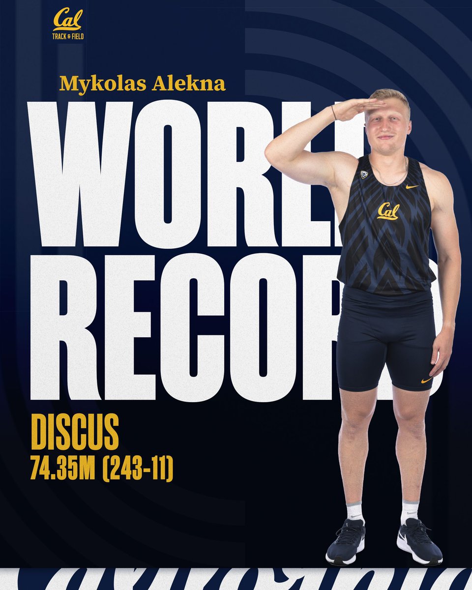 𝐎𝐧𝐞 𝐨𝐟 𝐨𝐧𝐞. Mykolas Alekna is the new world record holder in the discus at 74.35m (243-11) - surpassing Jürgen Schult's 1986 mark of 74.08m! The oldest record in men's track & field history is no more. #GoBears🐻