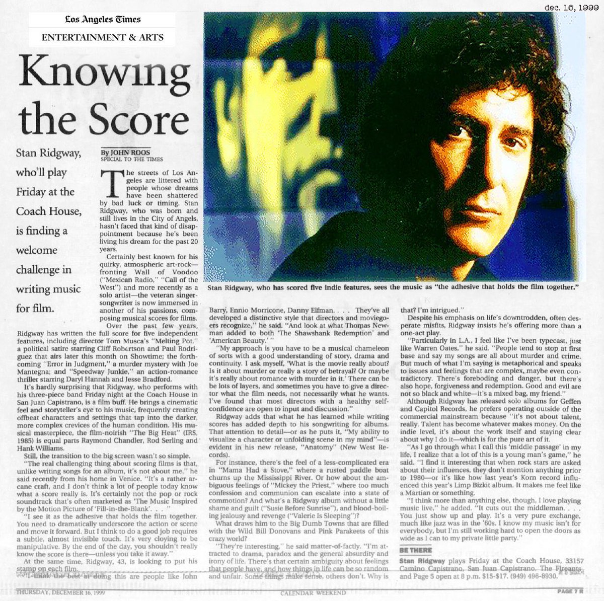 Vintage ink. 'Knowing The Score' from los angeles times '99. “..music is the adhesive to the film's drama' #musicforfilm #stanridgway #filmscore #wallofvoodoo #Soundtrack #sounddesign #recordingstudio