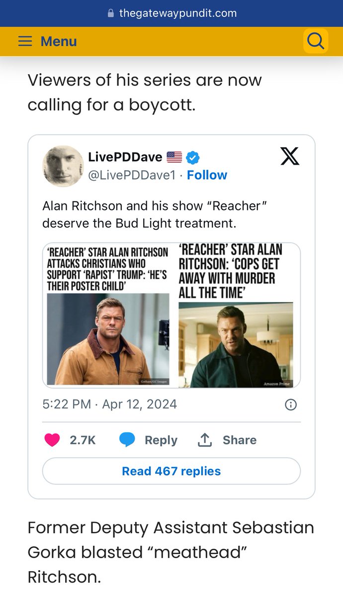 My tweet blasting “Reacher” lowlife Alan Ritchson made the Gateway Pundit. thegatewaypundit.com/2024/04/anothe…