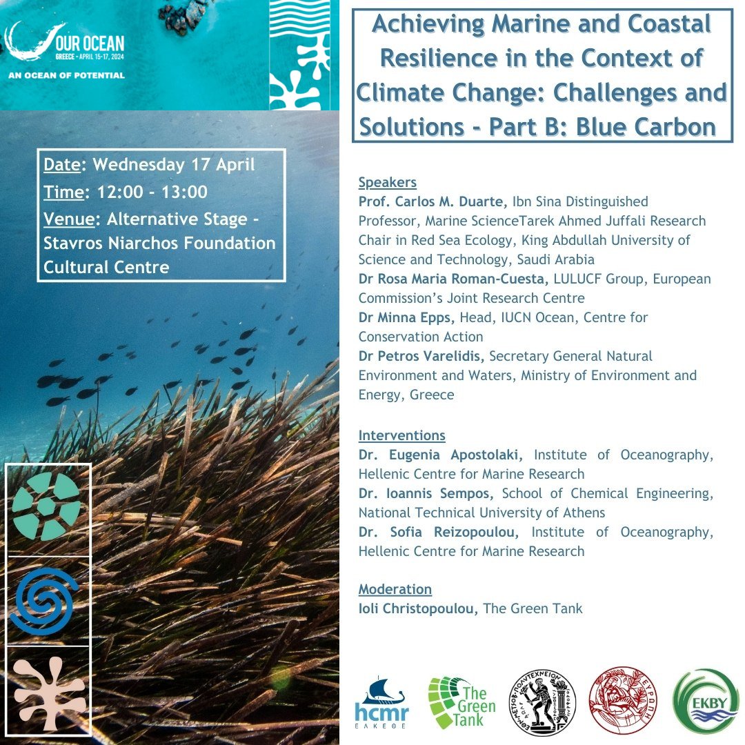 📅 On Wednesday, April 17th, @hcmr_gr will be present at @OurOceanGreece having a leading role in a side event with two parts, on issues that concern the #marineenvironment, such as #climatechange and #bluecarbon.

More info here: 👉 bit.ly/4aDWP9l

#OurOcean2024