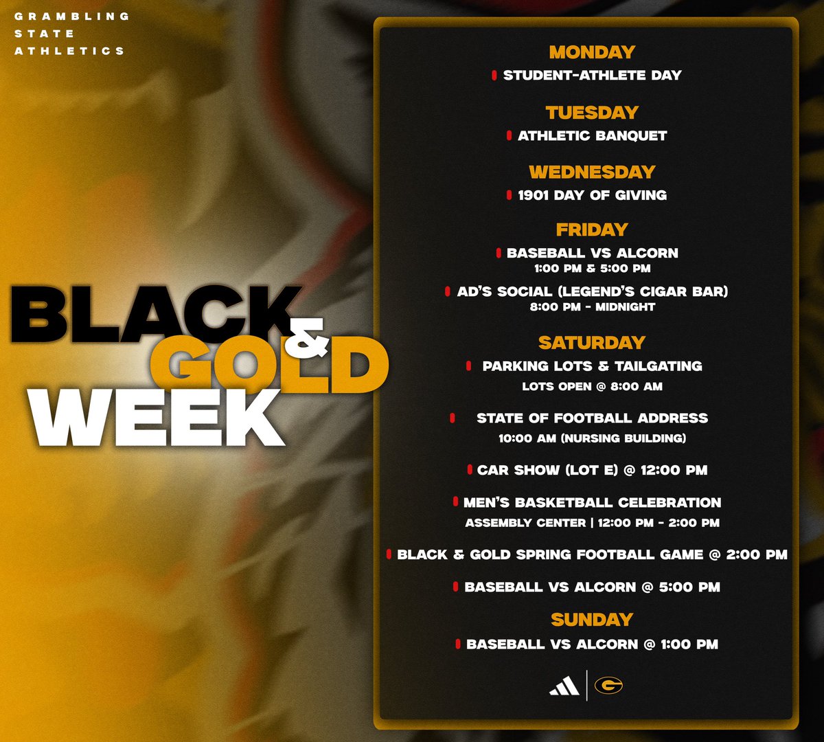 #GramFam We can’t wait to see you on campus next week for Black and Gold Week! Spring Game tickets are still on sale at gsutigers.com 🐯🏈⚾️ #ThisIsTheG