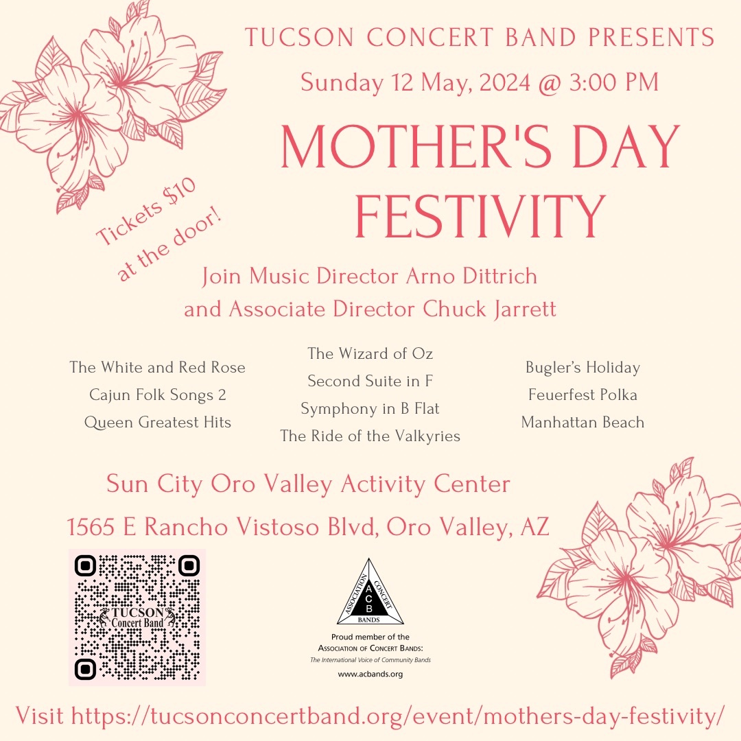 TucsonBand66's tweet photo. Concert Sunday, 12 May 2024 to celebrate Mother’s Day!
#tucsonconcertband #music #lovemusic #localmusic #localtucson #tucsonlocal #tucsonmusic #tucson #ThisIsTucson #ThingsToDoInTucson #az #May #Sunday #MothersDay #concert #performance #SunCity #orovalley #BandsofACB https://t.co/pJPzwGGUaj