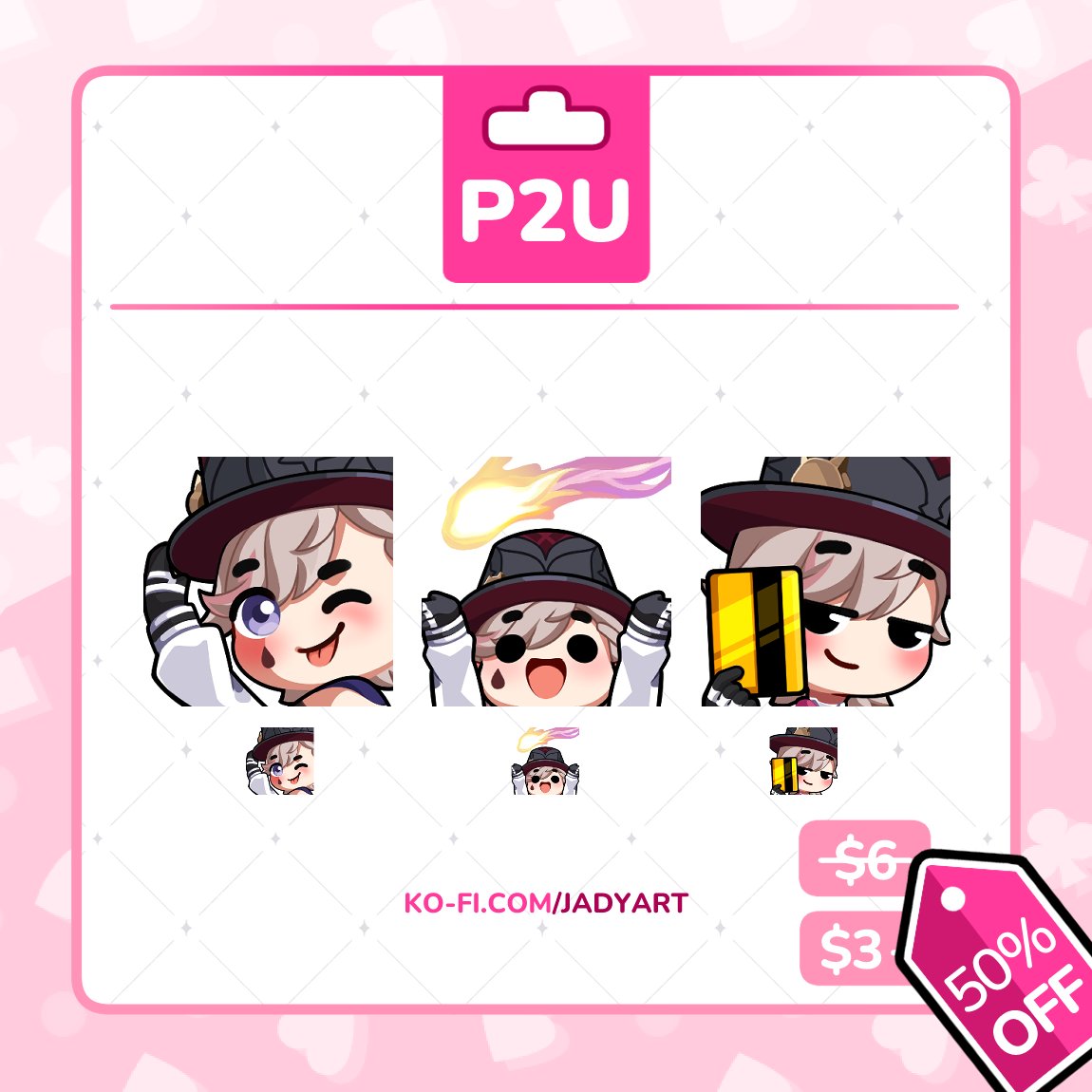 JadyArt's tweet photo. 🏷️‼️ 50% DISCOUNT ON EMOTES!!!

🗓️ Until April 23 
🎩 Only in #Lyney emotes 🪄
☕️ Available on my KoFi ❤️ (check below)

RT's appreciated🫶🏻 https://t.co/CH22ckXSuK