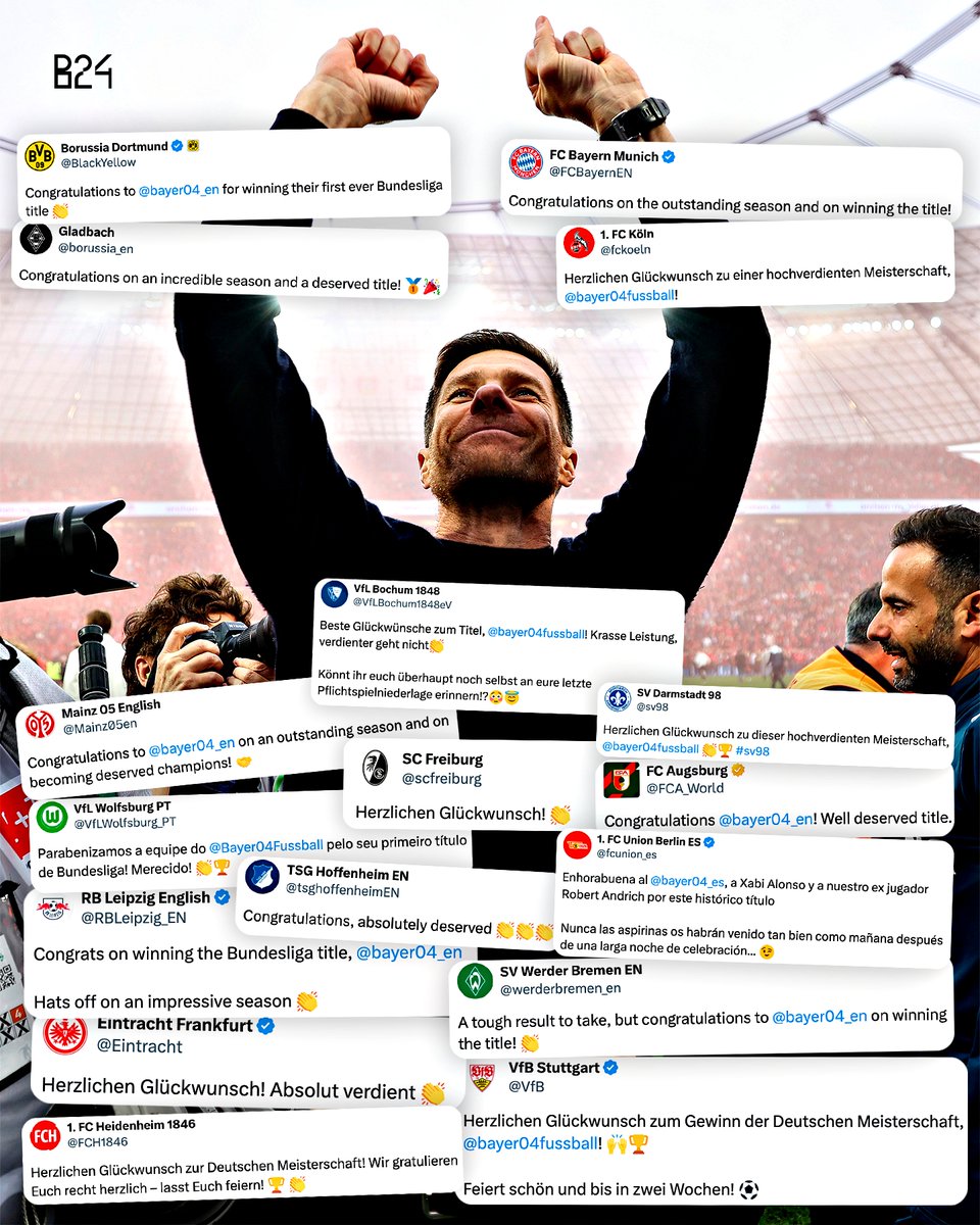 B24PT's tweet photo. 𝙏𝙤𝙙𝙤𝙨 os restantes clubes da Bundesliga deram os parabéns ao Leverkusen pela histórica conquista 👏 https://t.co/tHewEShweL