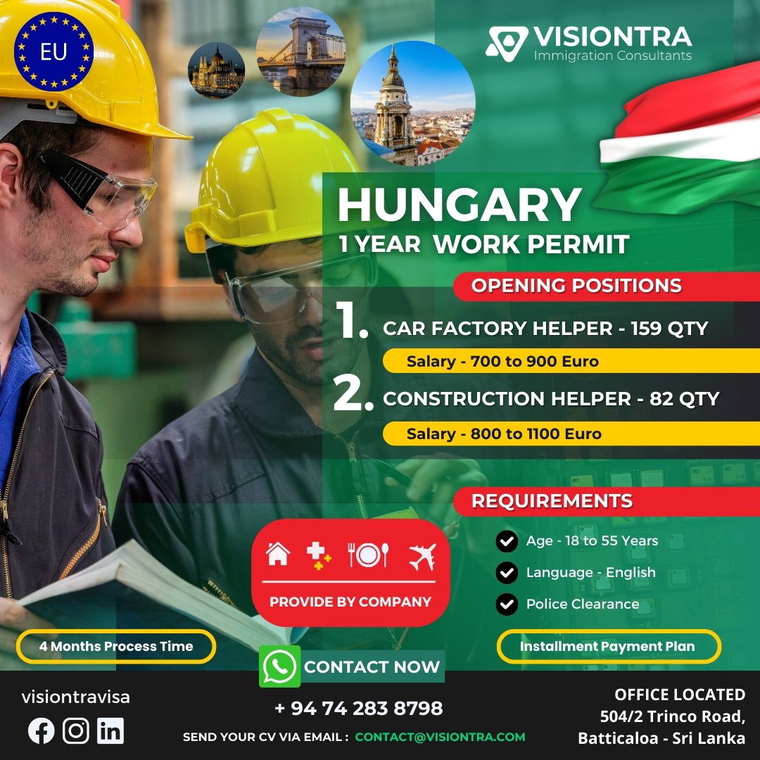 🚗🔨 Dreaming of working in Hungary? 🇭🇺 Explore exciting opportunities for Car Factory Workers and Construction Workers! 🏗️

 #VisaMagic #europejobs #europejobsinsrilanka #Srilankavisaagency #Visaagencyinsrilanka #Visiontra #bestvisaagencyinsrilanka #bestrecruitmentagency