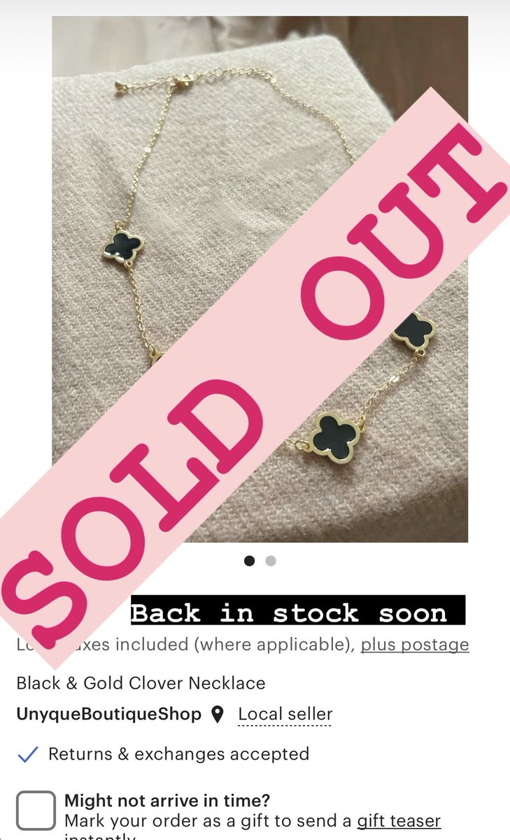 Our Black & Gold Clover necklace is currently sold out. New stock coming soon

#etsy 
#jewellery 
#goldnecklace
#restock
#london