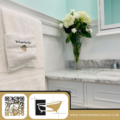 roomguys's tweet photo. This is no ordinary bathroom! It’s a Powder Room Guys Bathroom! View all our work from our website which you can go to right now by scanning the QR code! https://t.co/ctrWEWOYB2