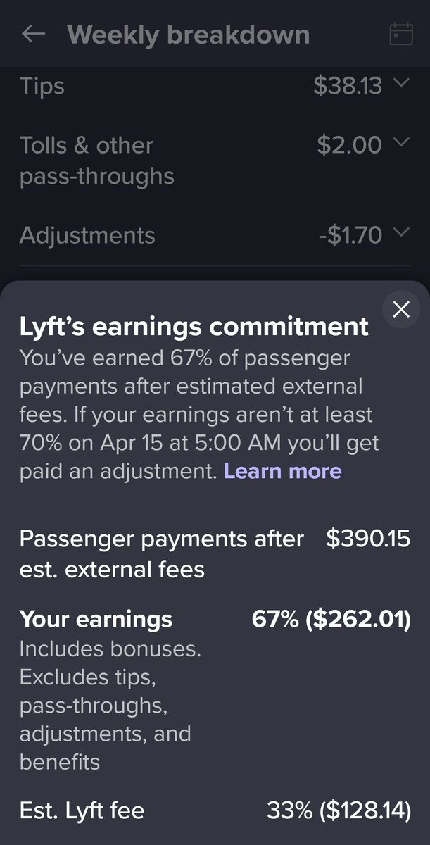@legendarymo @SwimmingSF @chrispza716 @linakhanFTC I have been a part-time driver for years, past 8 weeks consistently using the same strategy. Noticed a recent shift with Lyft fees being higher than external fees. I take advantage of all of the bonuses, and now, all of a sudden, I can't hit 70%.  #LyftDriver