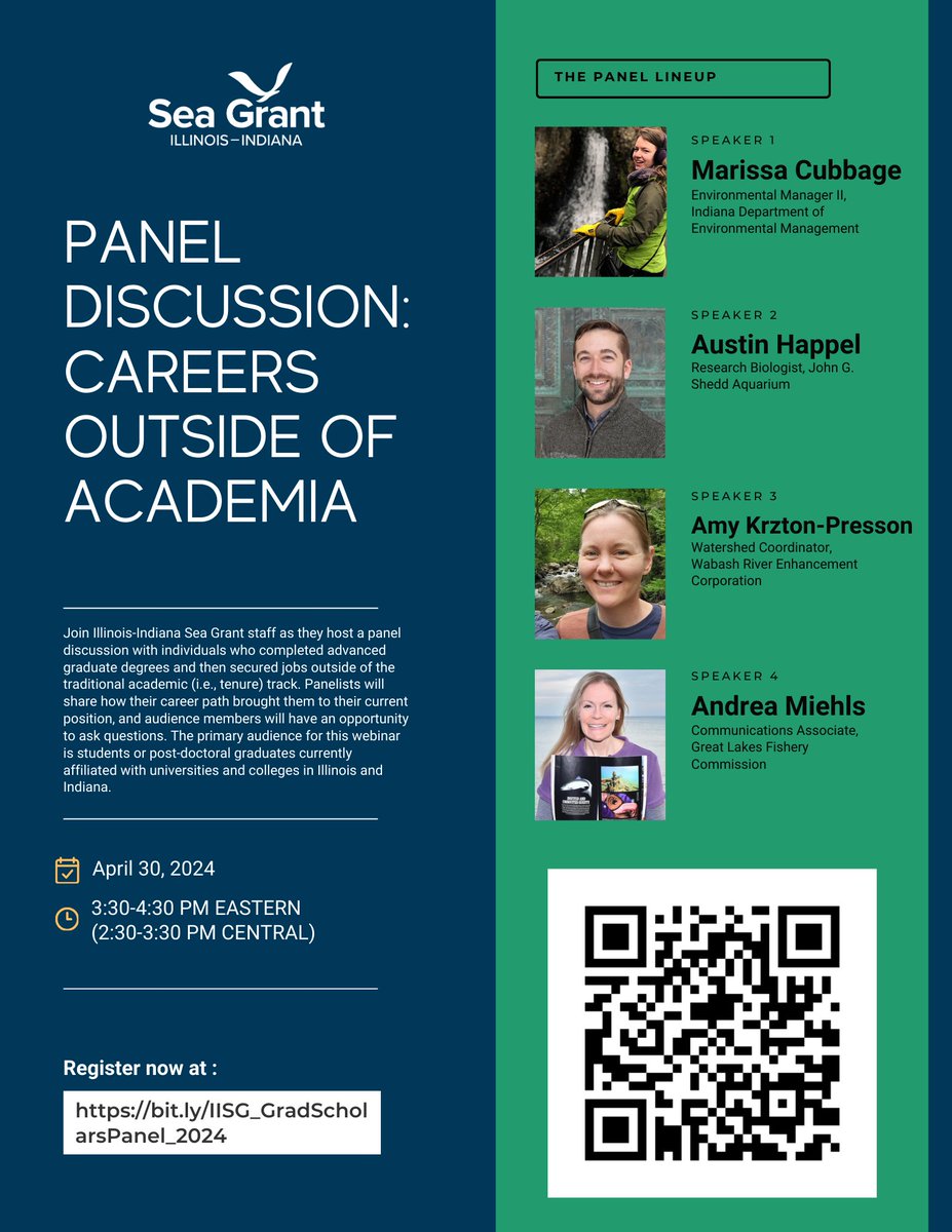 Learn from four panelists with advanced graduate degrees who now have jobs outside of the traditional academic (i.e., tenure) track. The primary audience for this webinar is students or post-doctoral graduates at universities and colleges in IL and IN. Register at the #linkinbio.