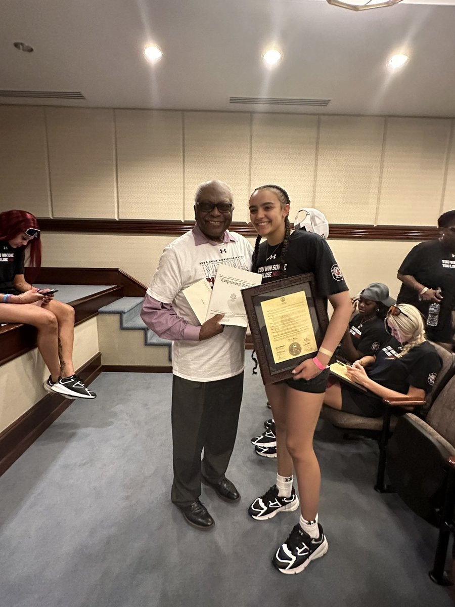 RepJamesClyburn's tweet photo. Celebrating with the CHAMPS!

To mark this historic season, I’ve placed a tribute honoring @GamecockWBB’s efforts in the Congressional Record — a permanent recognition of this special team. Go Gamecocks! https://t.co/PHLVOCm6NL