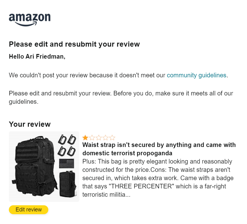 .@amazon can you please explain why linking to the @splcenter's definition of 'three percenter' does not meet your community guidelines? I ordered this medical bag and it came with terrorist propaganda, and I thought other people who order it should know.