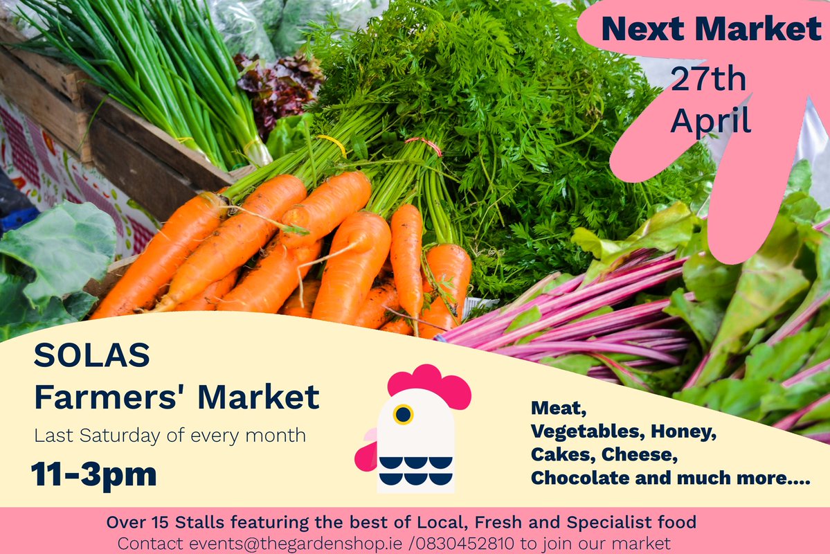 LEOLaois's tweet photo. Attention #LaoiseFood Businesses! The Solas Eco Garden Shop's Monthly Farmers Market is back!
The next market will be on SAT 27th April | 11-3pm.
Contact them at 0830452810 for a spot - They will have over 15 stalls!
Do support them with your weekend food shop #Lookforlocal https://t.co/DHsro93Y4P