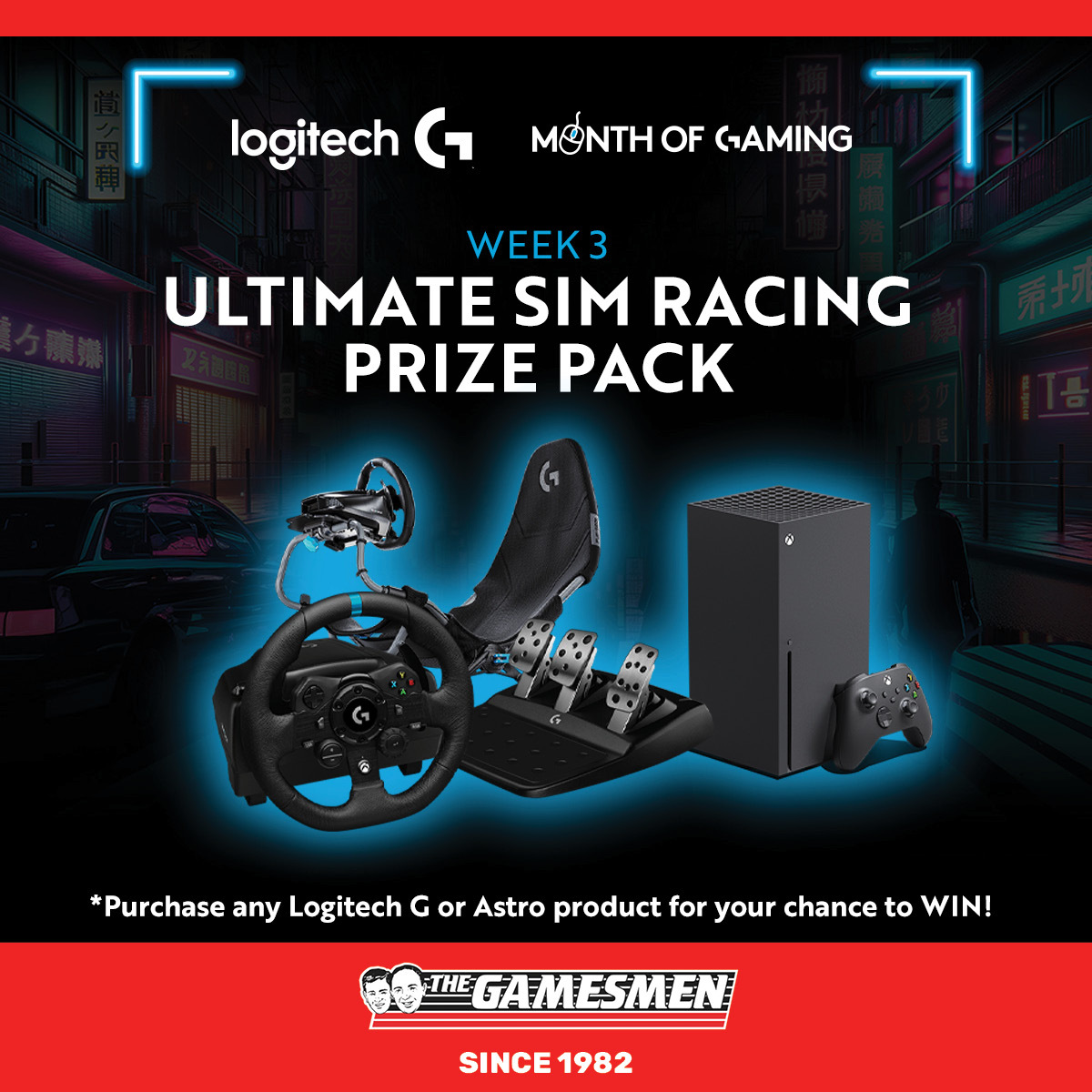 #KeepPlaying with Logitech G's Month of Gaming!

This weeks Ultimate Sim Racing prize pack includes an Xbox Series X, G923 Wheel and Pedals, Playseat Challenge X & $500 Red Balloon voucher! 🏎️🏁

Shop the range: gamesmen.com.au/logitech  ⠀
Enter here: logitechg.com/en-au/campaign…