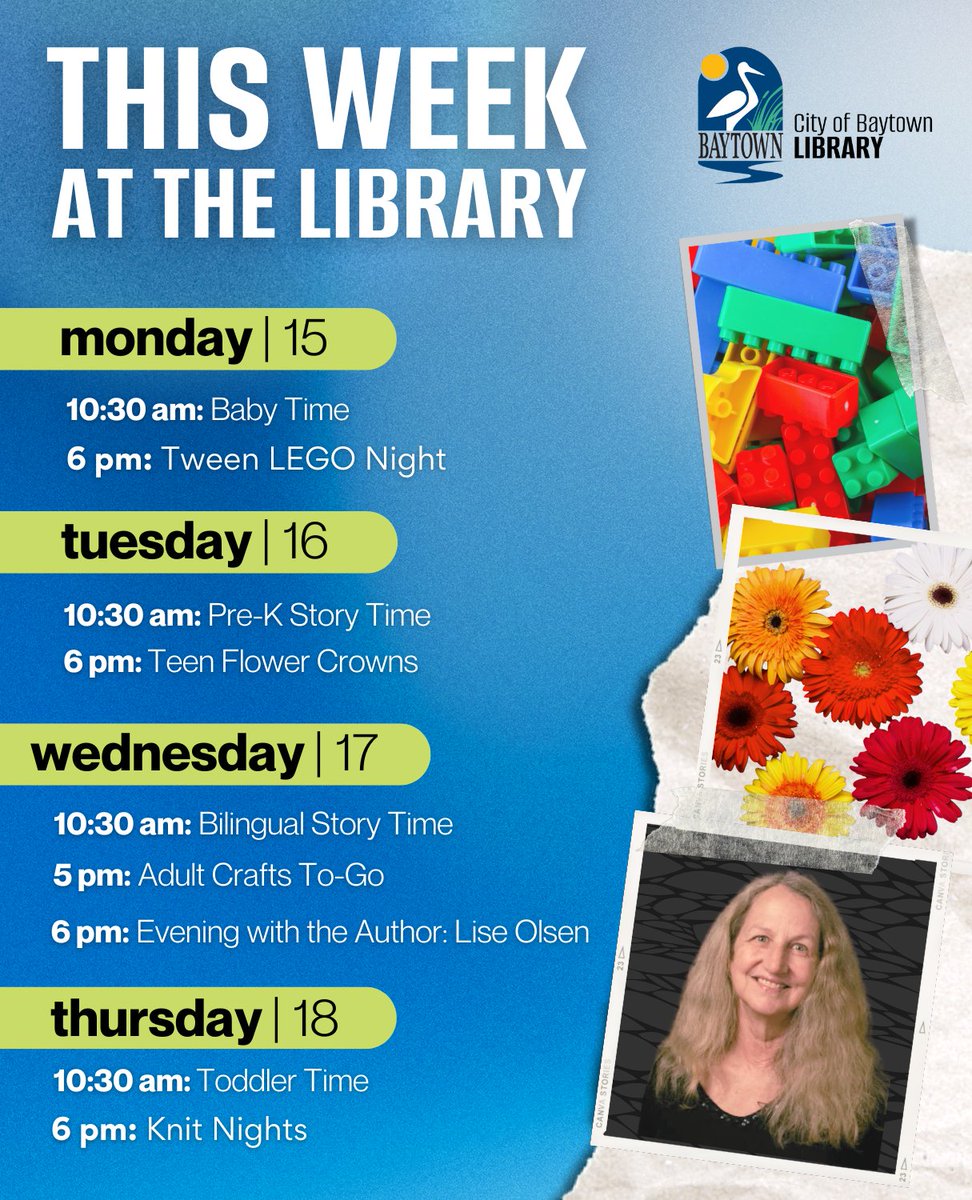 Here's what's happening at the library this week! 📚 DON'T MISS OUT! Our annual Evening with the Author Event is THIS WEDNESDAY at 6 pm! See you at the library! #BaytownLibrary