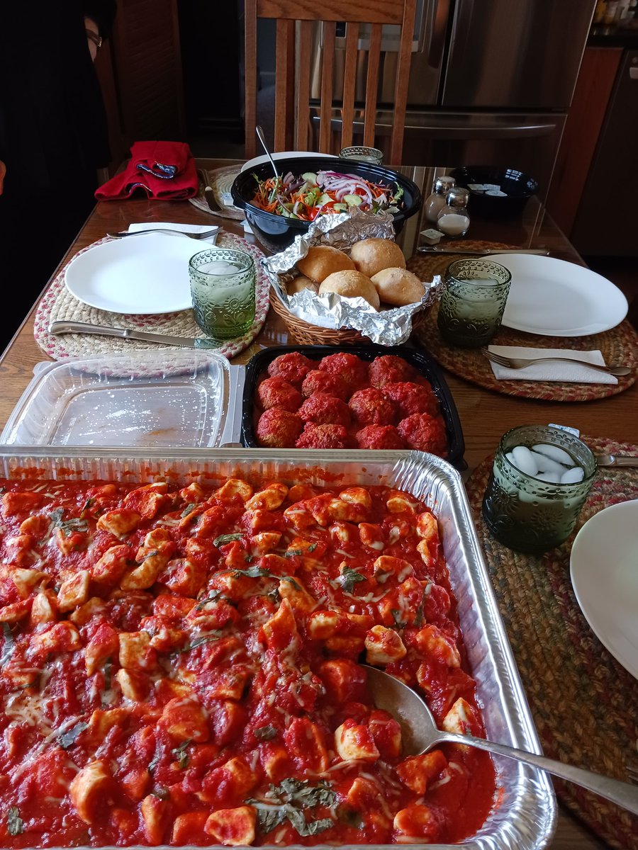 My daughter's birthday dinner. Gnocchi's, meatballs, salad & rolls. I bought a cute ladybug cake but forgot to take a picture! 🤦‍♀️