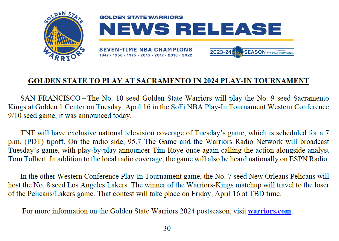 Golden State to play at Sacramento in 2024 Play-In Tournament: