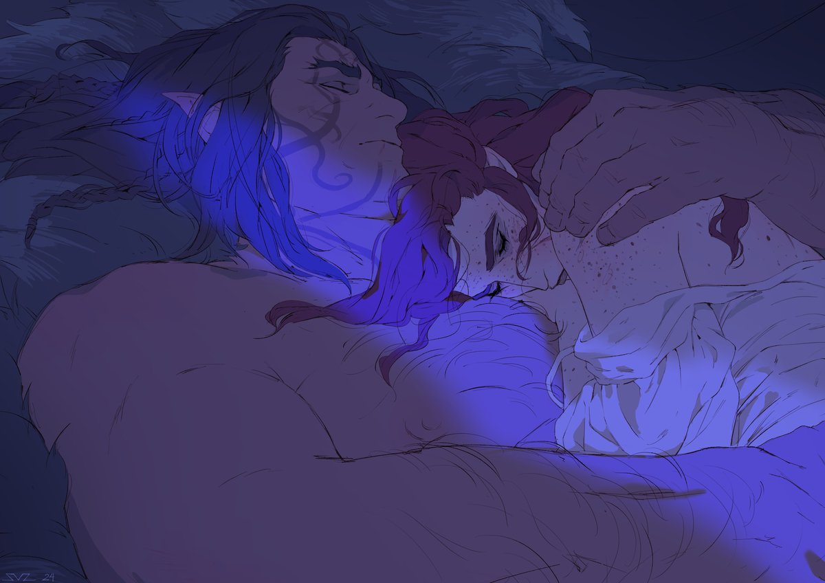Halsin and Clover sleep meme but I got sentimental thinking about how Clover habitually sleeps curled up as tightly as possible to make himself unseen. He's getting better. nsfw~ see the thread ✨ #halsin #clover