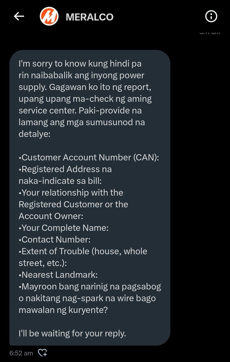 Ronxkrus's tweet photo. @meralco Akala ko ba aware kayo? E ano tong message n'yo? May nagcheck nadin sa poste around 3 AM pero umalis din. https://t.co/c4qqMAbzf1