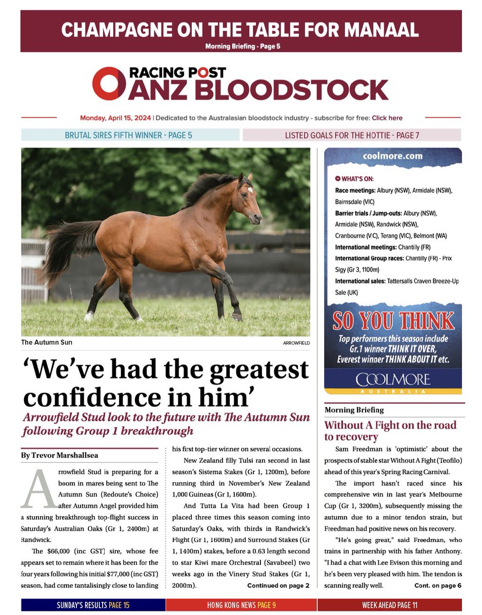 In today’s ANZ Bloodstock News 📮🏇 ⭕️ The Autumn Sun’s Group 1 breakthrough 🍂 ⭕ Without A Fight on road to recovery 🙌 ⭕ Manaal on Champagne path 🍾 Read more here > anzbloodstocknews.com/editions/2024-…