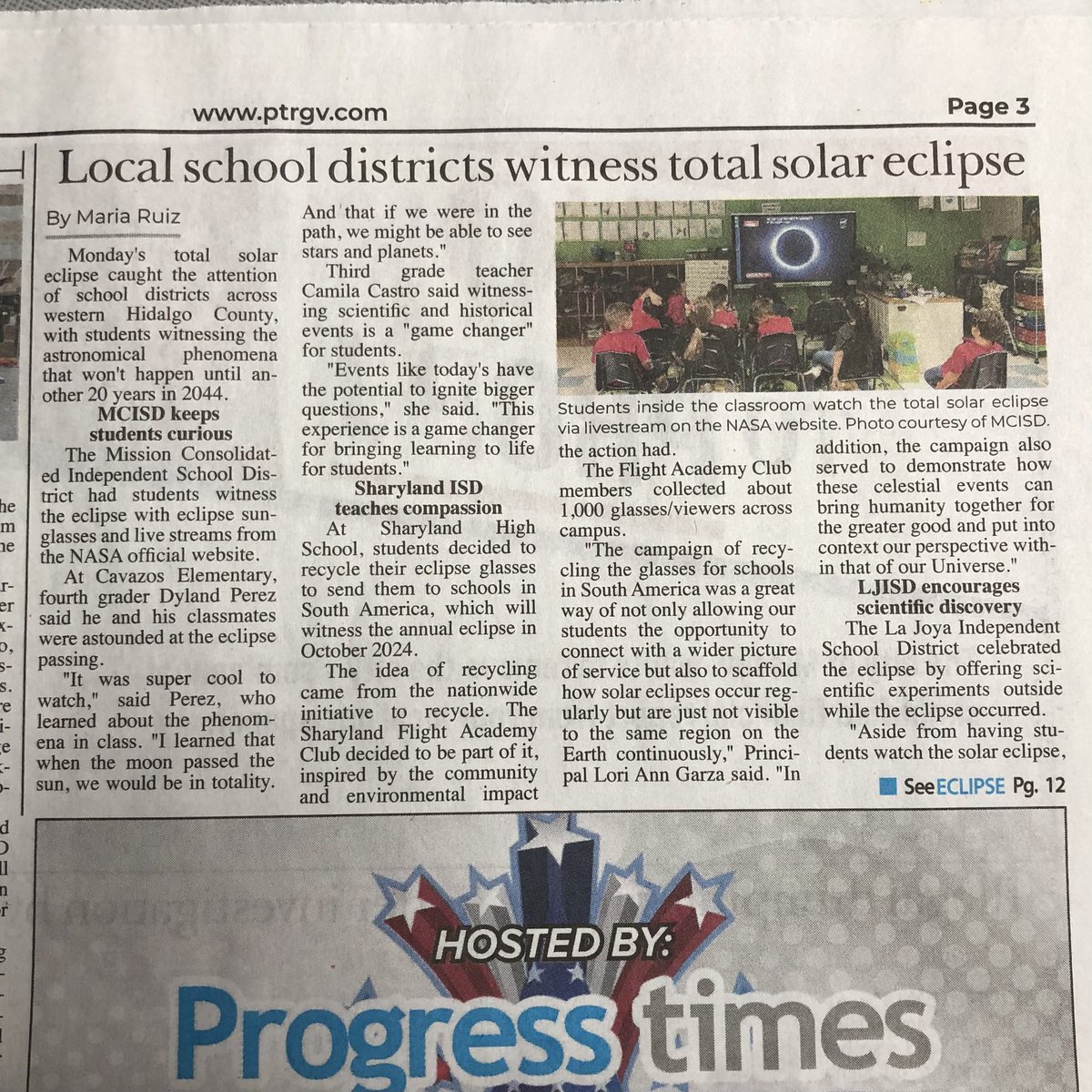 SHSDrone's tweet photo. Pick-up this week’s edition of @ProgressTimes to read about our Cosmic Karma Campaign and it’s impact on recycling solar eclipse glasses to benefit South American schools for their upcoming Annular Eclipse! https://t.co/20fel2eybY