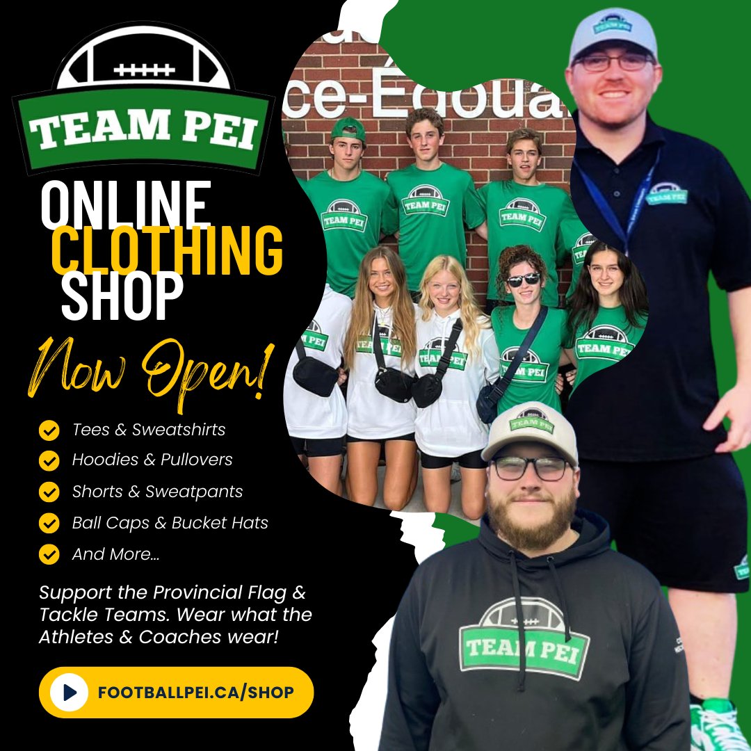 🚨IT'S HERE!🚨
TEAM PEI Online Clothing Shop is NOW OPEN!
Show your support for our provincial flag &amp; tackle teams - wear what the Athletes &amp; Coaches wear!
🏈 FootballPEI.ca/Shop