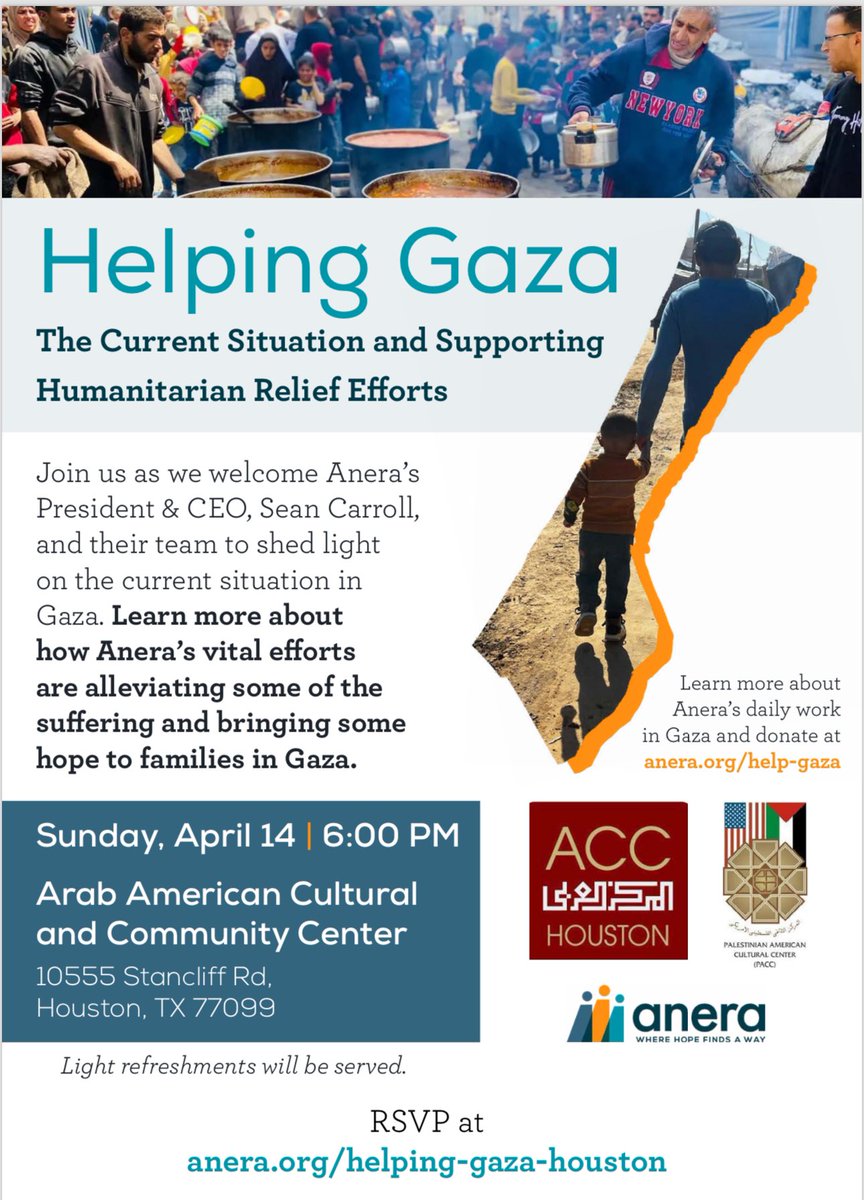 The American Near East Refugee Aid (ANERA), President and CEO, Sean  Carroll speaks about ANERA’s efforts in Gaza and Rafah.  

ANERA plays important role in providing humanitarian  help to Gazzan. 

At the Arab American Cultural Community Center. See you there…