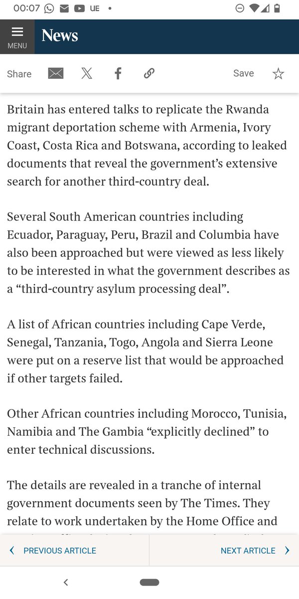 Today's Times reports of leaked docs (euphemism for govt briefing) which outlines govt attempts to find new countries, including Armenia, Ivory Coast & Costa Rica, to enter into a new #Rwanda style scheme to off-shore asylum seekers. Some countries have declined to get involved.