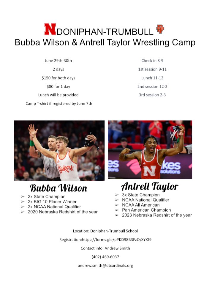 DTWRESTLE's tweet photo. Save the date! June 29th-30th 2x NCAA qualifier Bubba Wilson and NCAA All-American Antrell Taylor will be hosting a camp in Doniphan!
Here’s the registration link: https://t.co/KWsbGHy5vN… https://t.co/VHeC7cW40g