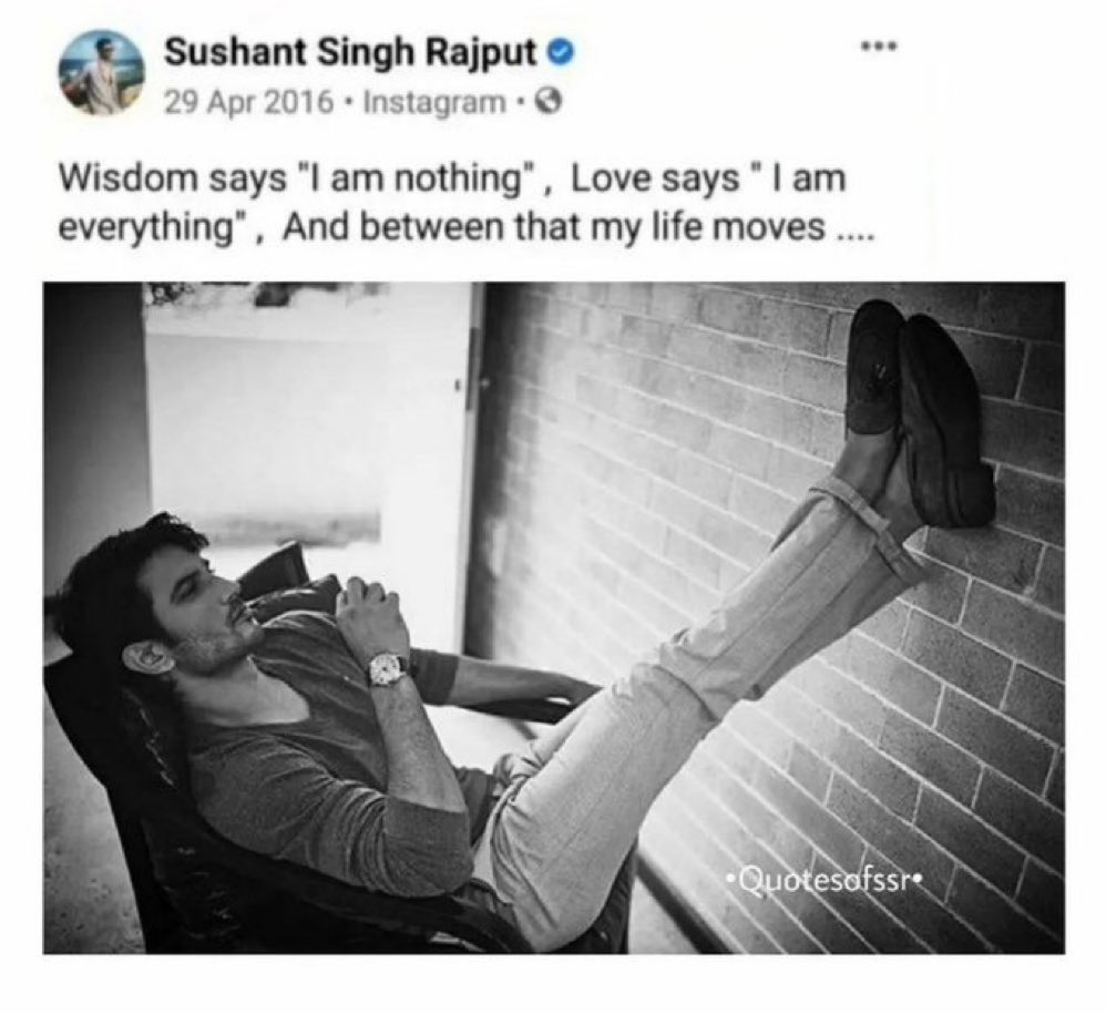 Wisdom says 'I am nothing', 
Love says 'I am everything',
And between that my life moves....

Sushant Words Of Wisdom
#SushantSinghRajput𓃵 

#JusticeForSushant️SinghRajput ✊🏼🙏🏻