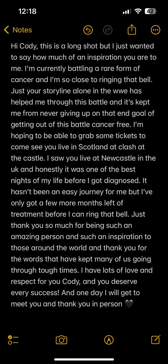 pinkspiitz's tweet photo. life is really hard at the moment with this cancer but watching @WWE (especially @CodyRhodes) is making it that little bit easier. Sorta hoping Cody sees this so I don’t feel silly for posting this 😂🖤 https://t.co/xJsHqjB04w