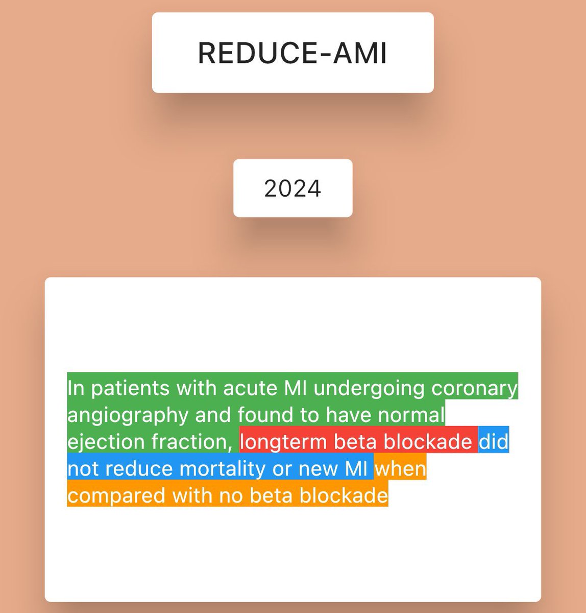 CardiacTrials's tweet photo. 4/ Routine beta blockade for acute MI with preserved EF? Standing in stark contrast to historic pre-PCI era beta blocker trials, this landmark trial showed NO outcomes difference — calling into question other “accepted” practices in the modern era. REDUCE-AMI Trial, NEJM 2024 ♥️ https://t.co/kxuRpiWCGQ