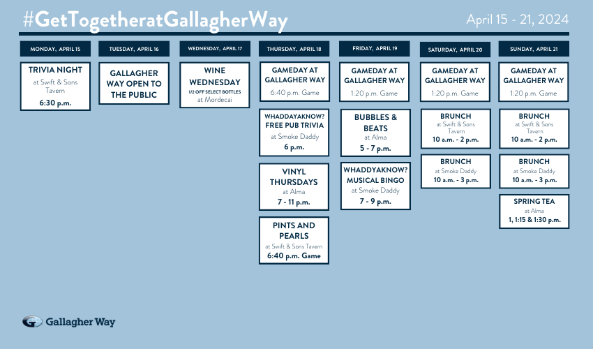GallagherWayChi's tweet photo. We're so excited for the @cubs home games this week! ⚾️

From gameday at Gallagher Way to food and drink specials at the eateries, and of course, cheering on our favorite team, there are so many reasons to #GetTogetheratGallagherWay! https://t.co/Hg6F0CwtrD