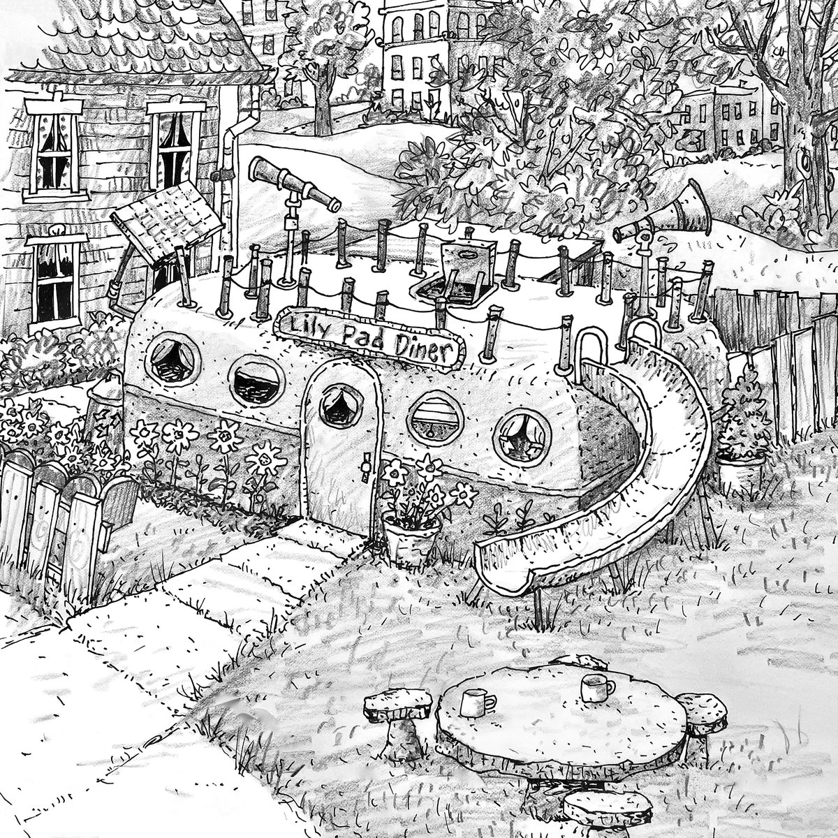 TolonBrown's tweet photo. The 'Lily Pad Diner' became more fun over time with things like the roof deck and slide. Because Fair Village is a magical place where no one needs liability insurance. #HOP #StreamOnMax #HOPfact https://t.co/9ZEF7V32qg