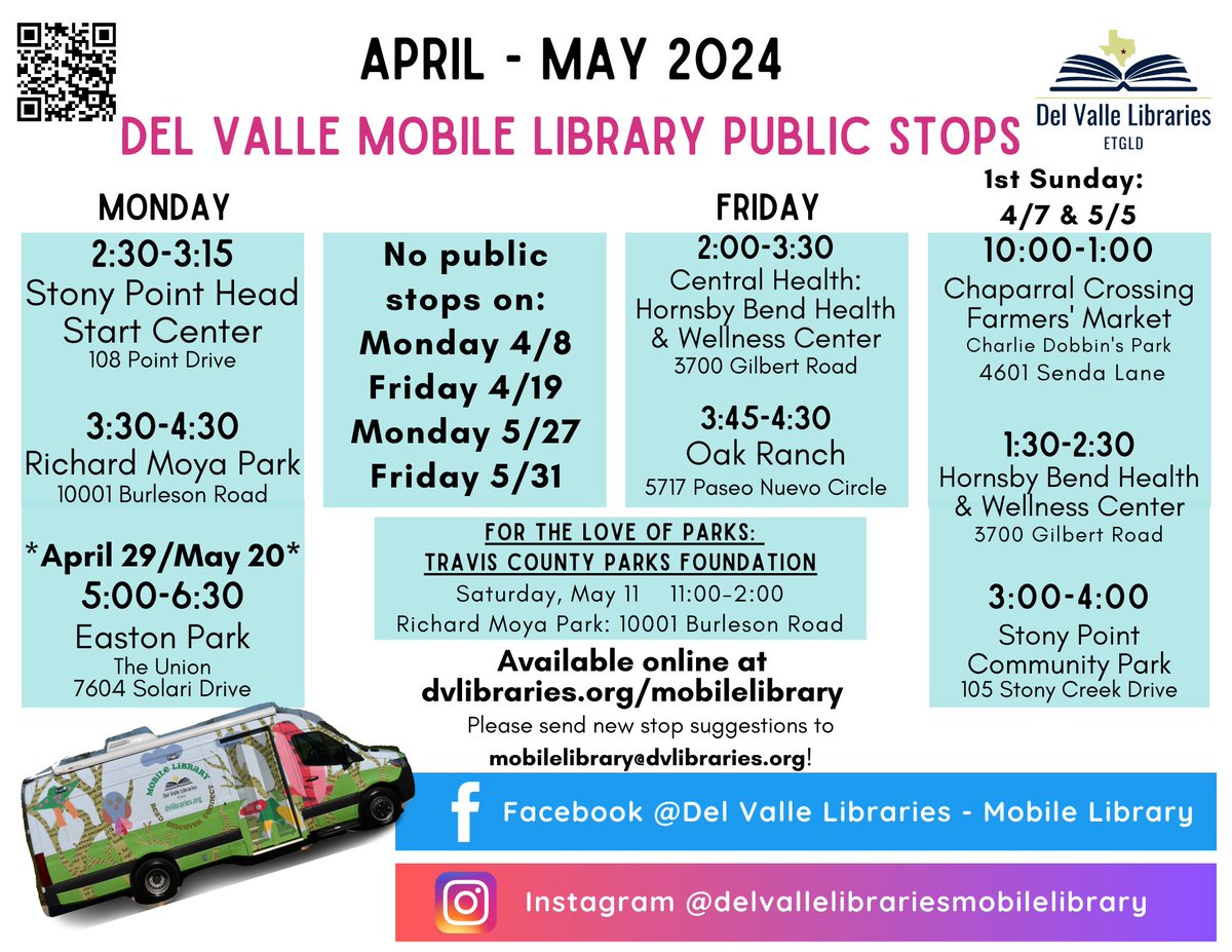 Del Valle Mobile Libraries are continuing their routine stop at #RichardMoyaPark through May, with the exception of Monday 5/27. Also keep an eye out for them at our upcoming annual #ForTheLoveofParks event on May 11!