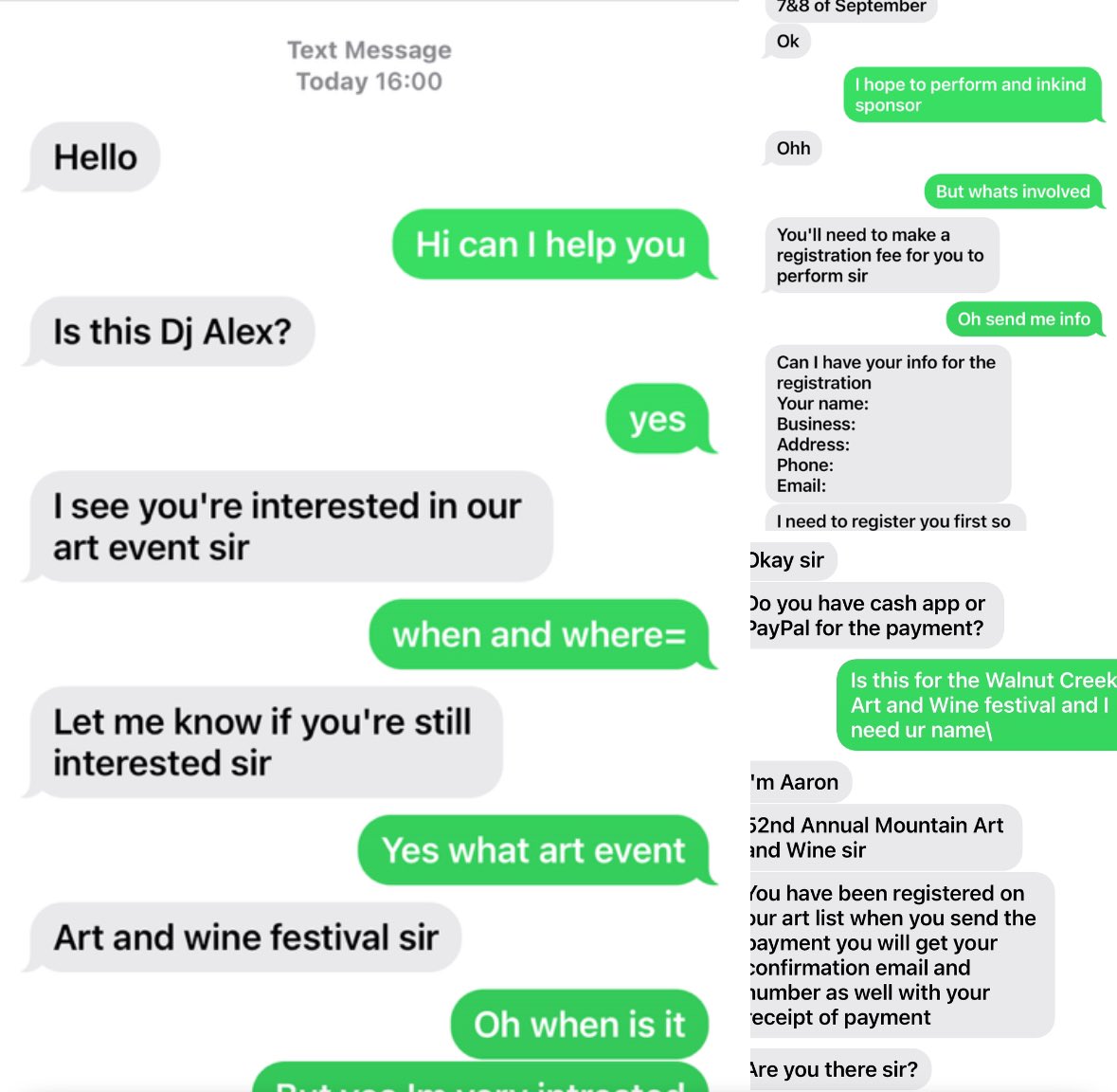 Check out these Text msg from a man claiming to be by Aaron from the #mountainviewartandfinefestival coming up Sept 7 & 8 2024 in #mountainview 

We have performed there in the past and from our experience they would never charge us for registration this is a #scam 

By the grace…