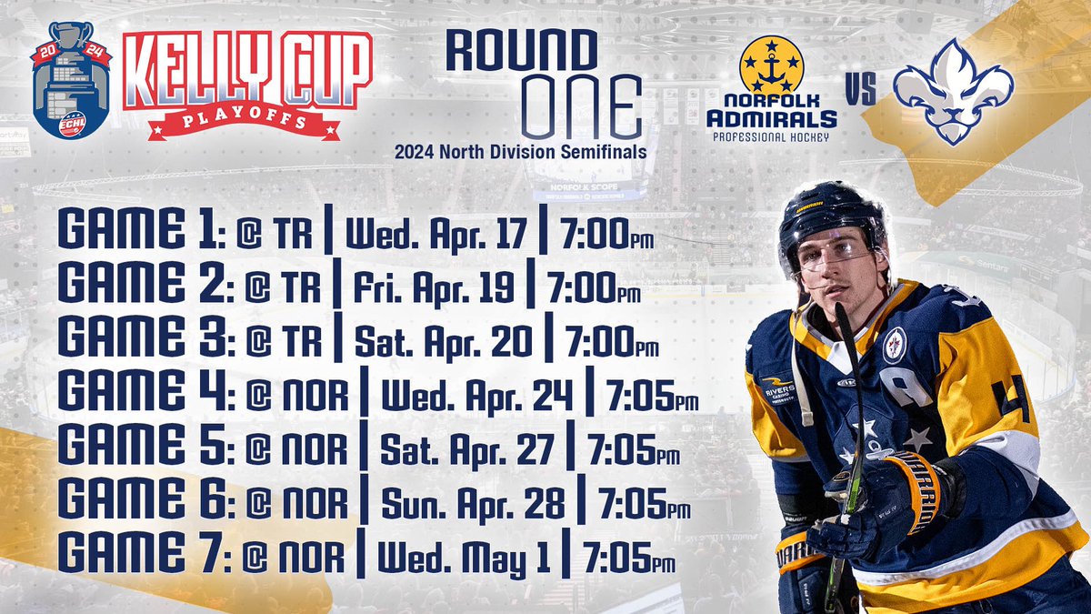 The Admirals’ playoff schedule is set. Norfolk opens the 7-game series at Trois-Rivières on Wednesday on the road and Game 4 will be at the Scope. Games 5-7 will also be in Norfolk if necessary. @WTKR3 @NorfolkAdmirals