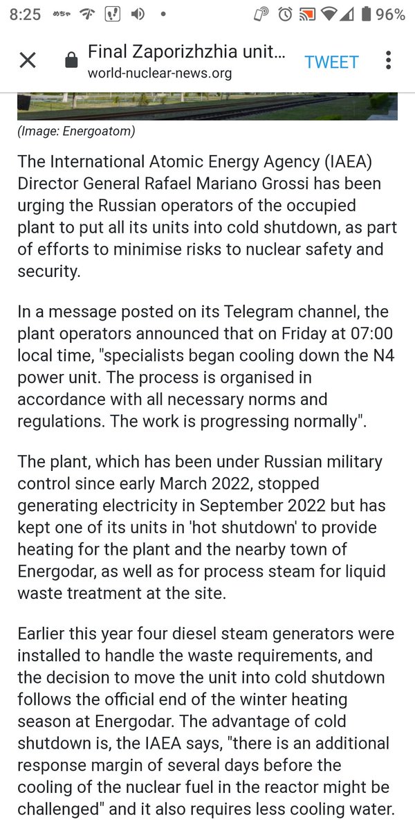 'The plant stopped generating electricity in September 2022 but has kept one of its units in 'hot shutdown' to provide heating for the plant and the nearby town of Energodar.
decision to move the unit into cold shutdown follows the official end of the winter heating season.'