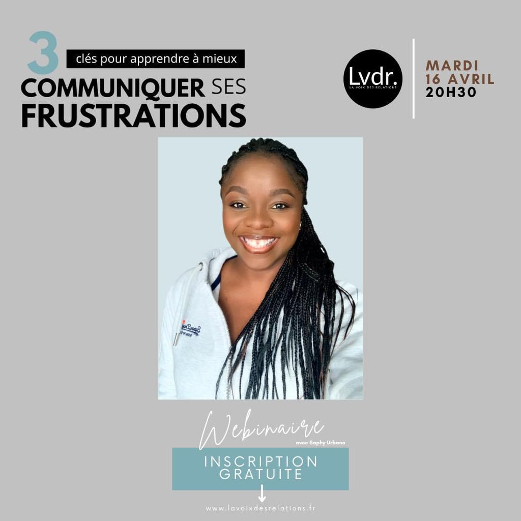 « 3 clés pour apprendre à mieux communiquer ses frustrations » est le thème de mon premier webinaire qui aura lieu le mardi 16 avril à 20:30. 

C’est gratuit sur inscription par ici ➡️ mailchi.mp/95a14ce5f373/3…

C’est dans 2 jours !! Inscris-toi maintenant! 

#lavoixdesrelations