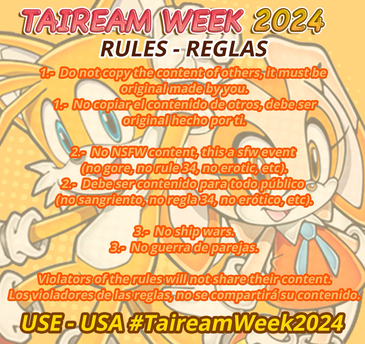 TaireamWeek's tweet photo. We are pleased to invite you to participate in the week dedicated to the ship #Taiream, in the images are the days, the themes and the rules. They can be fanarts, fanfics, cosplay, etc. Use #TaireamWeek2024 or tag us
@TaireamWeek #Sega #SonicTheHedgehog #Tails #CreamTheRabbit https://t.co/pBka6DUVpf