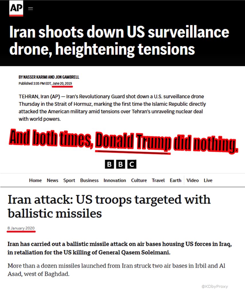 In 2019 Iran shot down a $100M+ US surveillance drone over internat'l waters. How did our military respond? > Didn't, b/c Trump didn't want to. In 2020 Iran hit 2 US bases w/ missiles, injuring 100 US service members. How did our military respond? > Again, Trump didn't want to.
