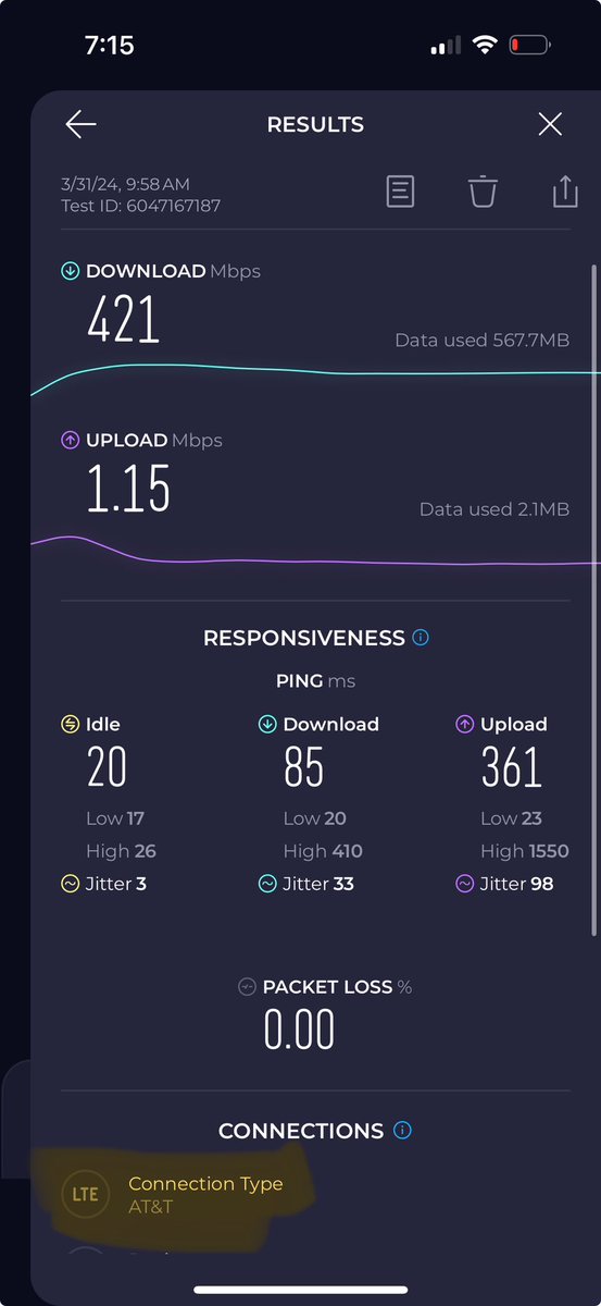 aaron_typ's tweet photo. @app_settings Why stop at 5G, all on AT&amp;T iPhone 14 Pro

LTE: 421mbps
5G: 1169mbps (1.1Gbps) https://t.co/hbQ8D1WsAk