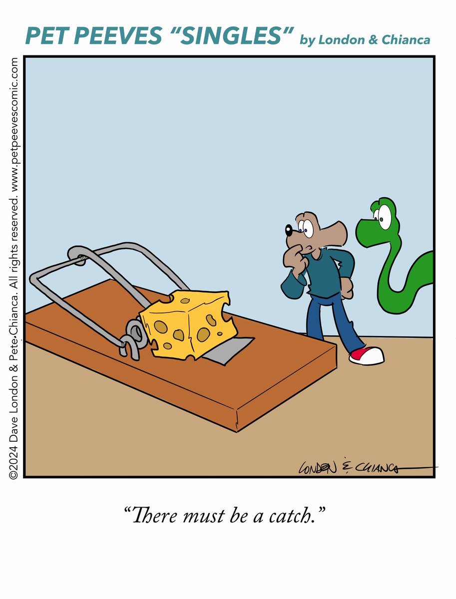 Pet Peeves Single, April 14, 2024: A better mousetrap. (Sign up to get Pet Peeves in your inbox at petpeevescomic.com/subscribe!) #trap #catch #cheese #comicstrip #humor