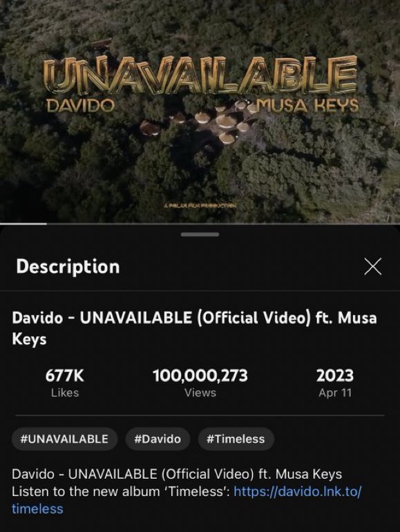 Davido’s “Unavailable” feat. Musa Keys has now been watched over 100 Million times on YouTube. Smash Hit 💥